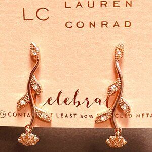 NEW Lauren Conrad Rose Gold, Simulated Crystals, Floral Vine, Pierced Ears, 16+